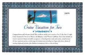 A cruise vacation for two certificate